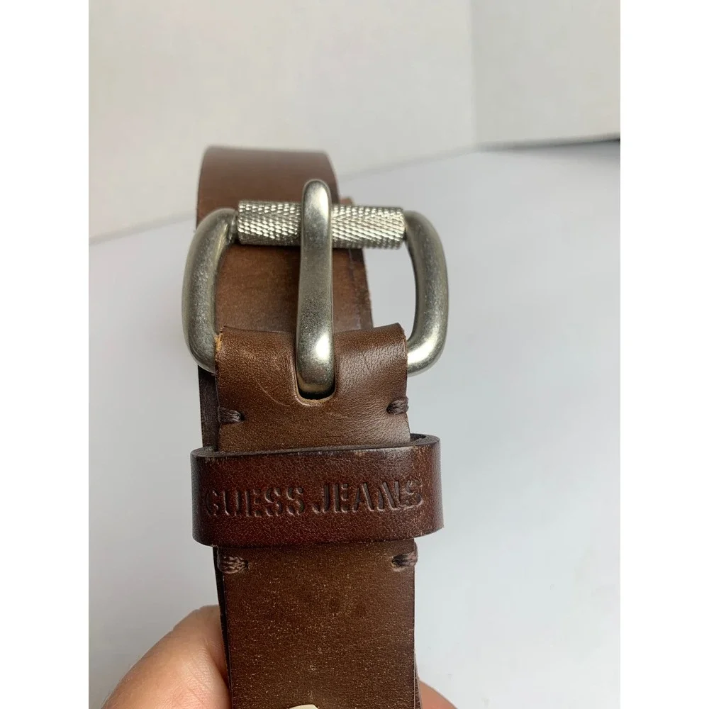 Guess Jeans Mens Brown Italian Full Grain Leather Belt Silver Buckle 38 35052